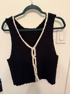 Free People Black Cropped Knit Vest with Cream Braid Trim